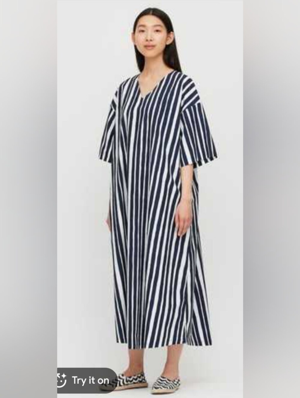 Marimekko X Uniqlo Navy White Striped Cotton Kaftan Maxi Dress